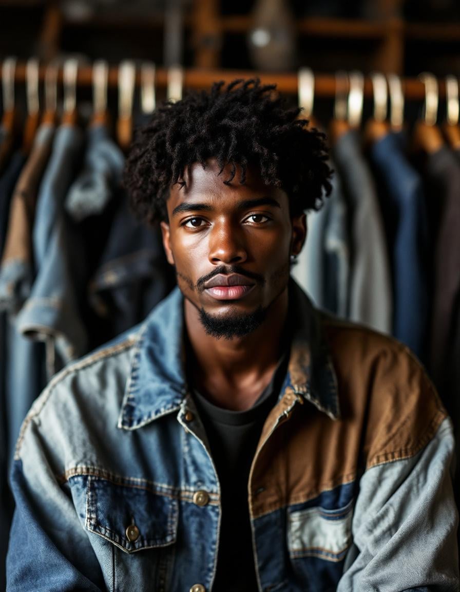 Man with dark textured hair and facial hair wearing a color-block denim and brown jacket over a black shirt, posed in front of wooden clothing racks with blurred garments.