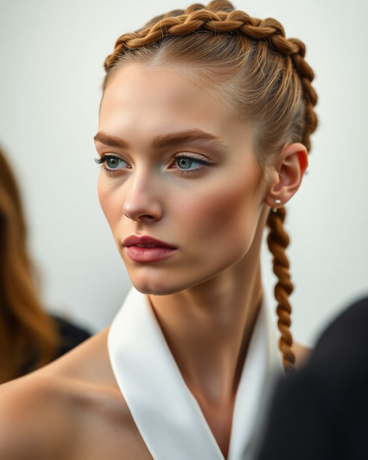 Greta Baumgartner — Woman with auburn braided hair and blue eyes wearing a white collared garment against a neutral background, shot in natural lighting.