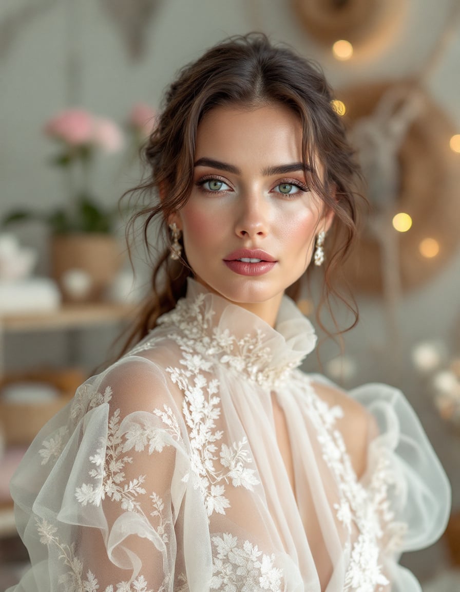 Woman with dark wavy hair and green eyes wearing an ivory sheer tulle garment with white embroidered floral details, photographed indoors with soft warm lighting and blurred background.