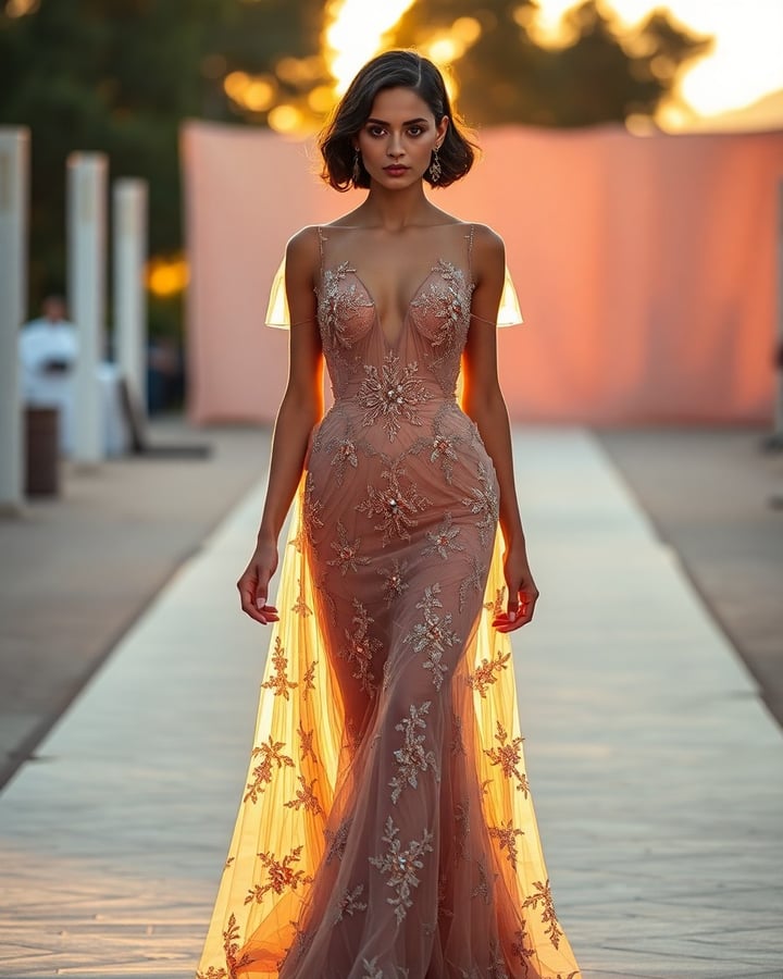 Esther Vargas — Woman with dark wavy hair wearing a taupe beaded gown with intricate floral embroidery and a flowing yellow-gold train, standing on a paved street at sunset with warm golden light.