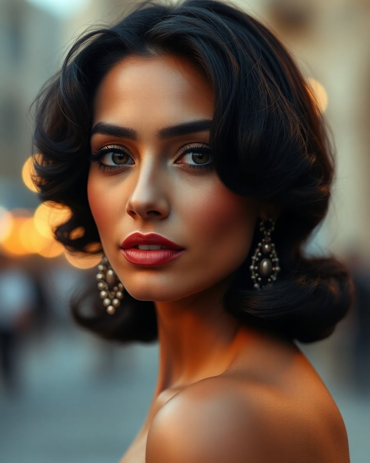 Esther Vargas — Woman with dark wavy shoulder-length hair and red lipstick wearing pearl drop earrings, photographed in warm golden light against a soft blurred background.