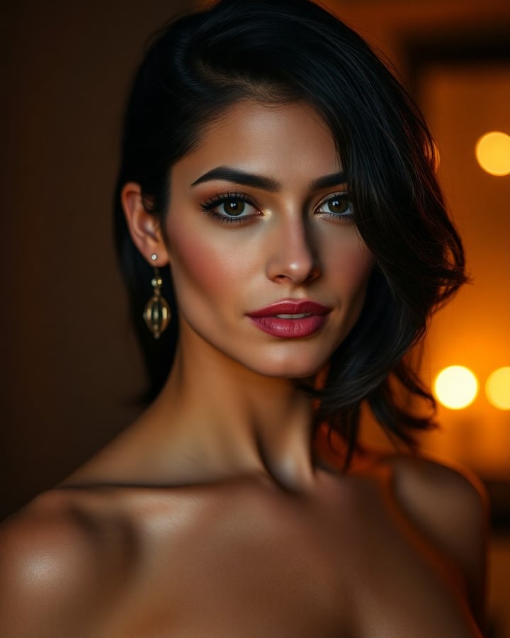 Carmen Delarosa — Woman with dark shoulder-length hair and gold drop earrings against warm orange bokeh lighting, bare shoulders visible in close-up portrait.