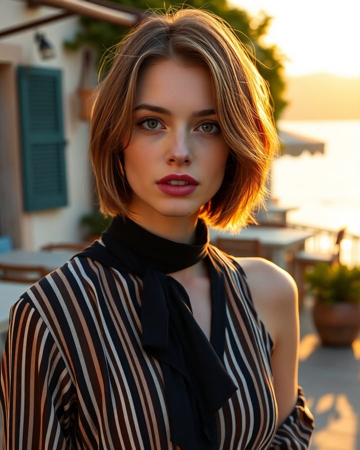 Camille Peeters — Woman with shoulder-length reddish-brown hair wearing a black and white striped button-up shirt, standing on a sunlit terrace with a white building and green shutters behind her.