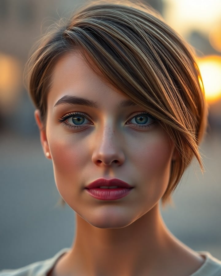 Camille Peeters — Woman with shoulder-length brown hair and blue eyes wearing a neutral beige top, photographed against a blurred golden-hour background with soft warm lighting.