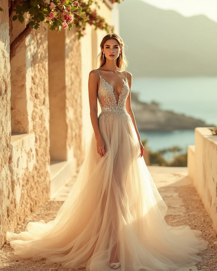 Serafina Illusion Veil Column Gown