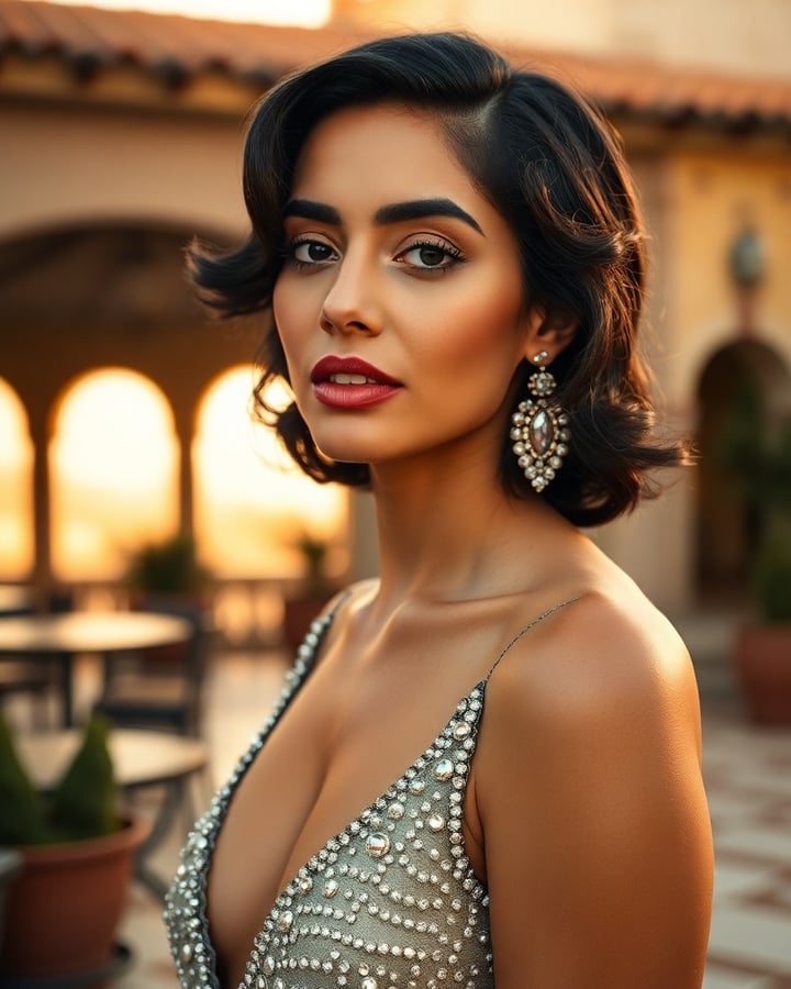 Esther Vargas — Woman with dark wavy hair wearing a silver beaded halter dress and ornate pearl drop earrings, photographed in golden sunset light against a blurred classical courtyard with arched colonnade.
