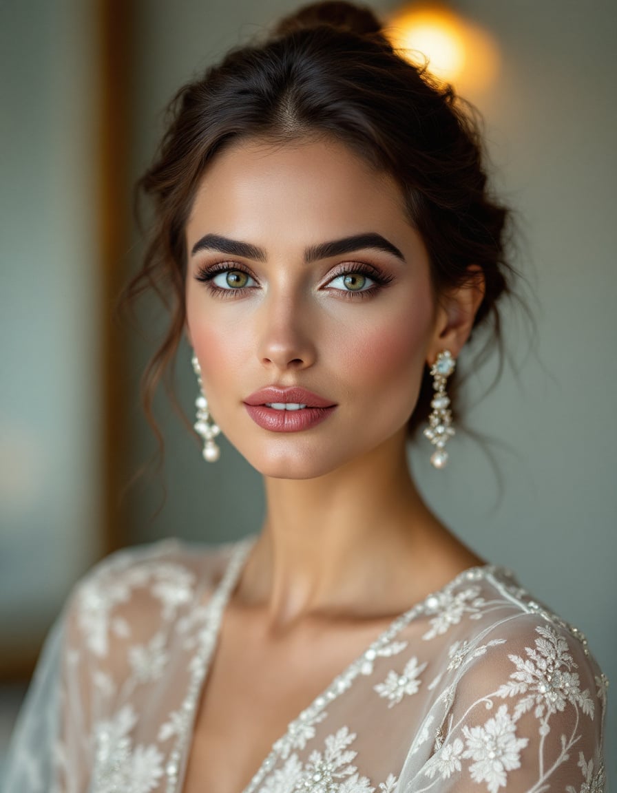 Woman with dark hair styled in an updo, wearing pearl drop earrings and a beige embroidered garment with white floral beadwork, against a neutral backdrop with warm lighting.