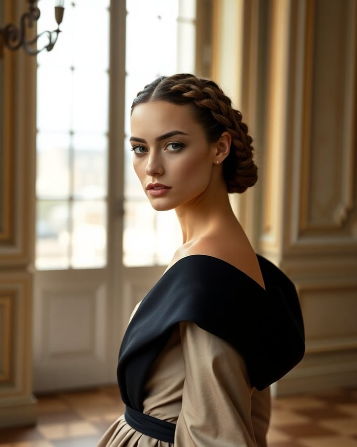 Greta Baumgartner — Woman with dark brown hair in braided updo wearing black and beige draped dress, standing in classical hallway with tall windows and warm golden light.