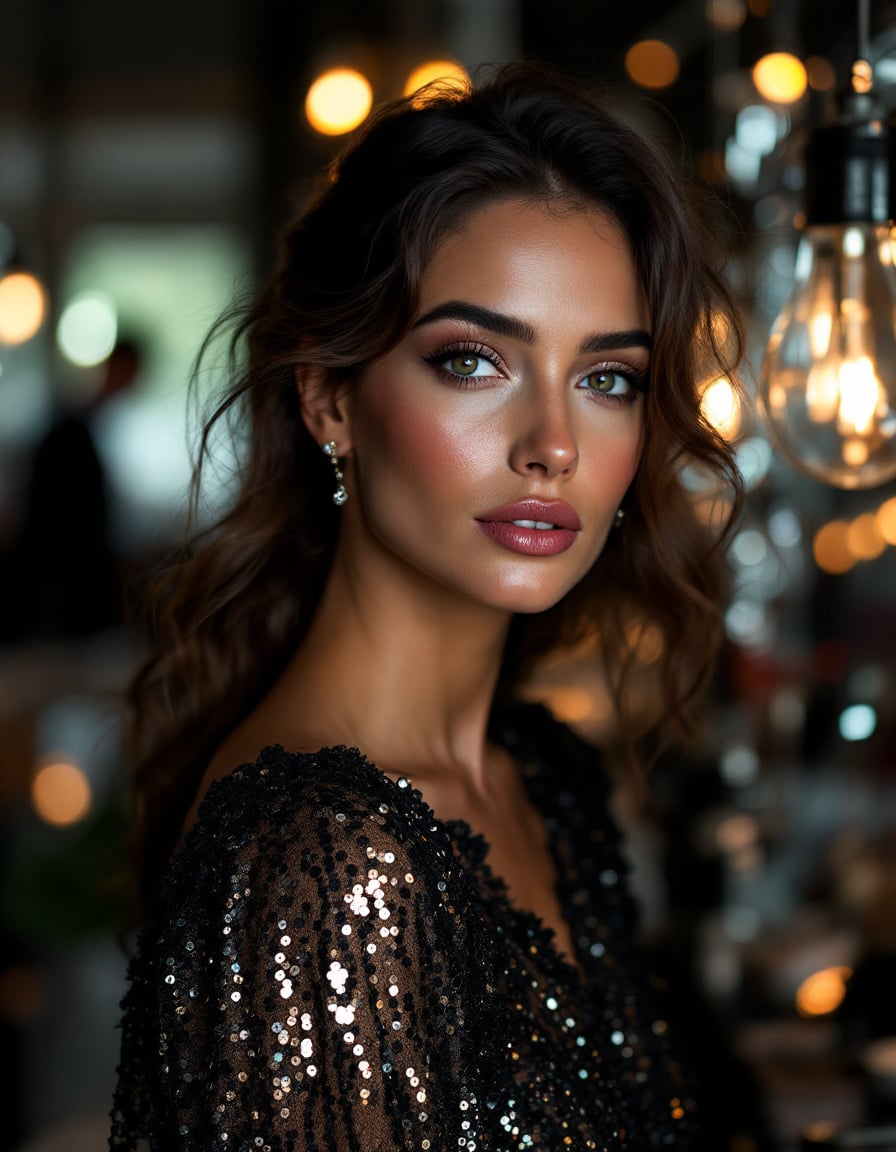 Woman with dark wavy hair wearing black sequined garment with silver and gold embellishments, pearl drop earrings, against blurred warm-toned evening lighting and bokeh background.