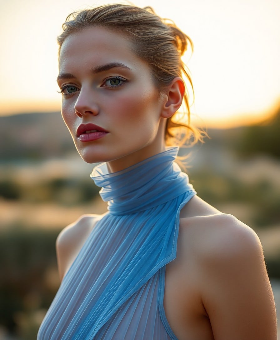 Woman with light brown hair pulled back wearing a pleated light blue halter garment against a blurred golden-hour landscape background.