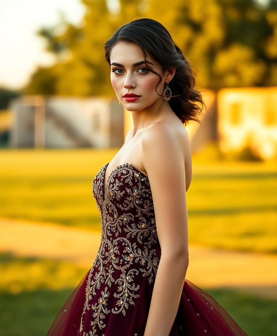 Woman with dark wavy hair wearing burgundy strapless gown with ornate gold embroidered bodice and tulle skirt, standing in golden-hour sunlight with blurred yellow foliage background.