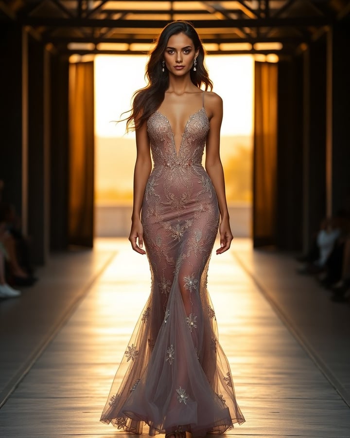 Carmen Delarosa — Woman with long dark wavy hair wearing a taupe beaded mermaid gown with plunging neckline and sheer tulle skirt, standing in an illuminated corridor with warm golden overhead lighting.
